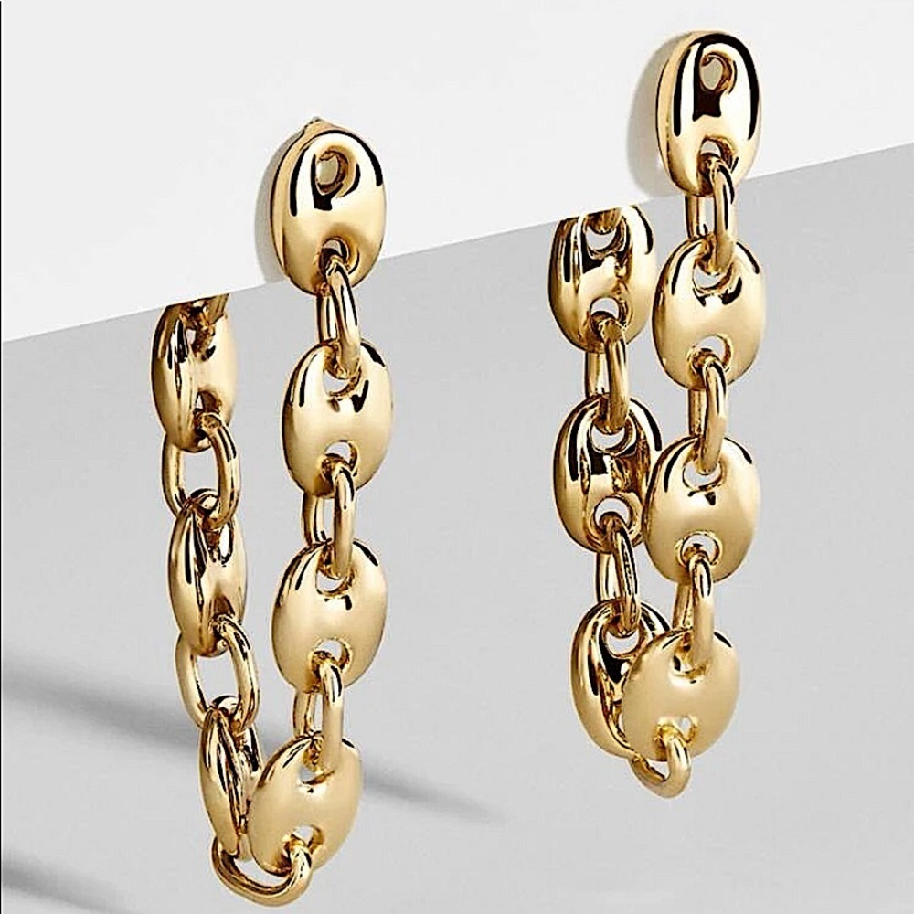 Gold Plated Stainless Steel Earrings Coffee Bean Mariner Link Tarnish Free Hoop
